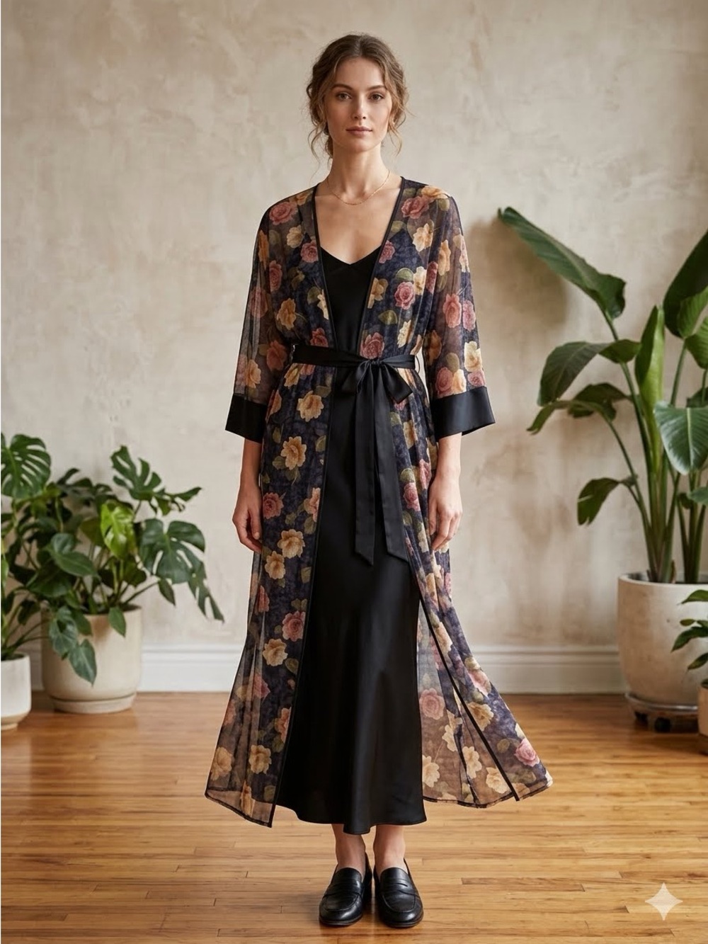 Linda Bis Sheer Floral Long Robe with Satin Trim - Black Floral